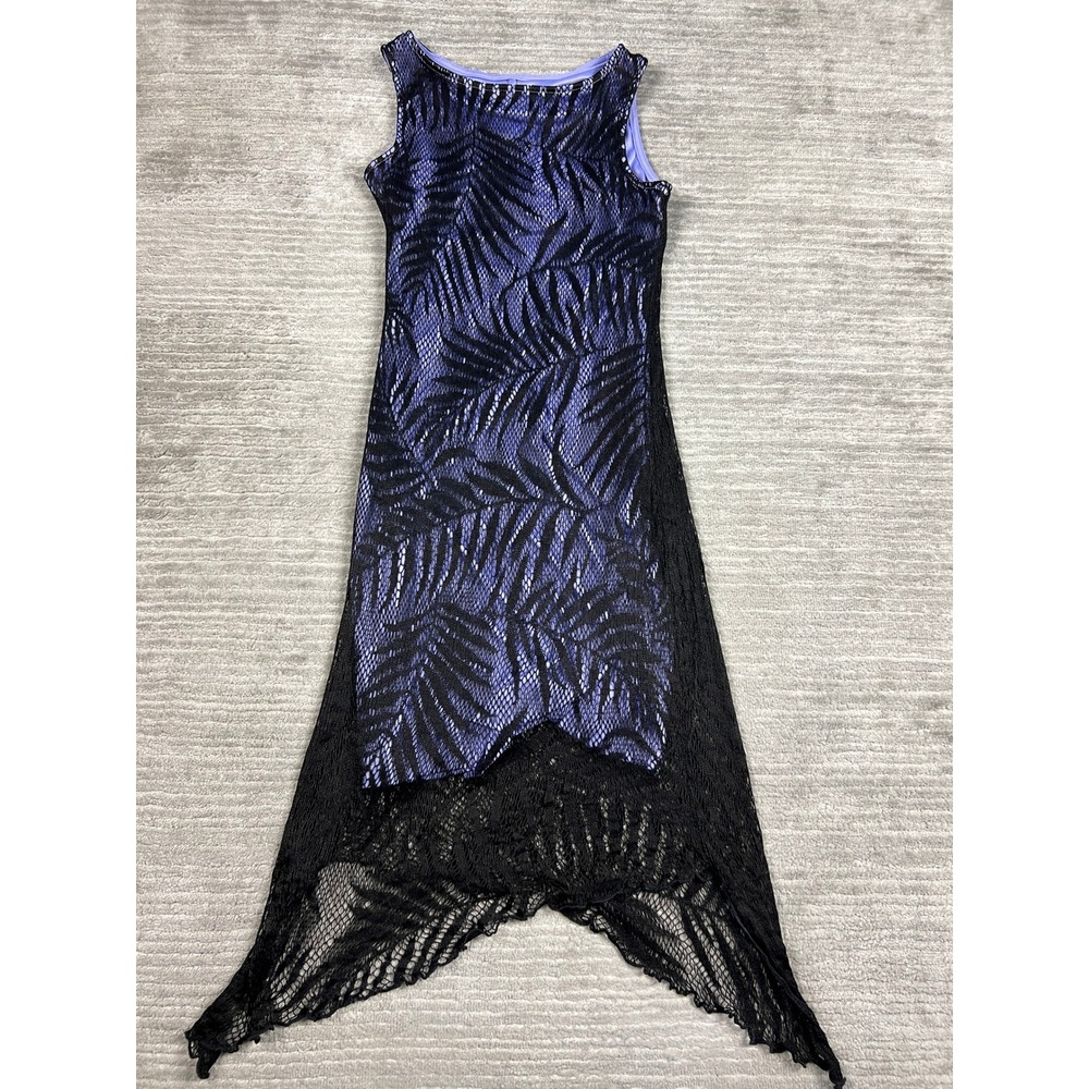 Scarlett Dress Womens 7/8 Purple Black Palm Leaf Lace Sharkbite Hem Vintage 90s